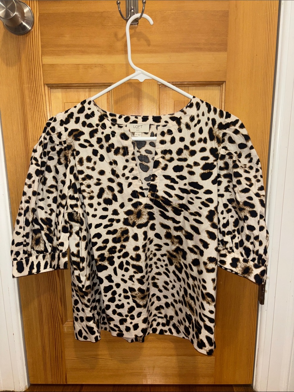 LOFT Black, Cream & Brown Leopard Print V-Neck Blouse